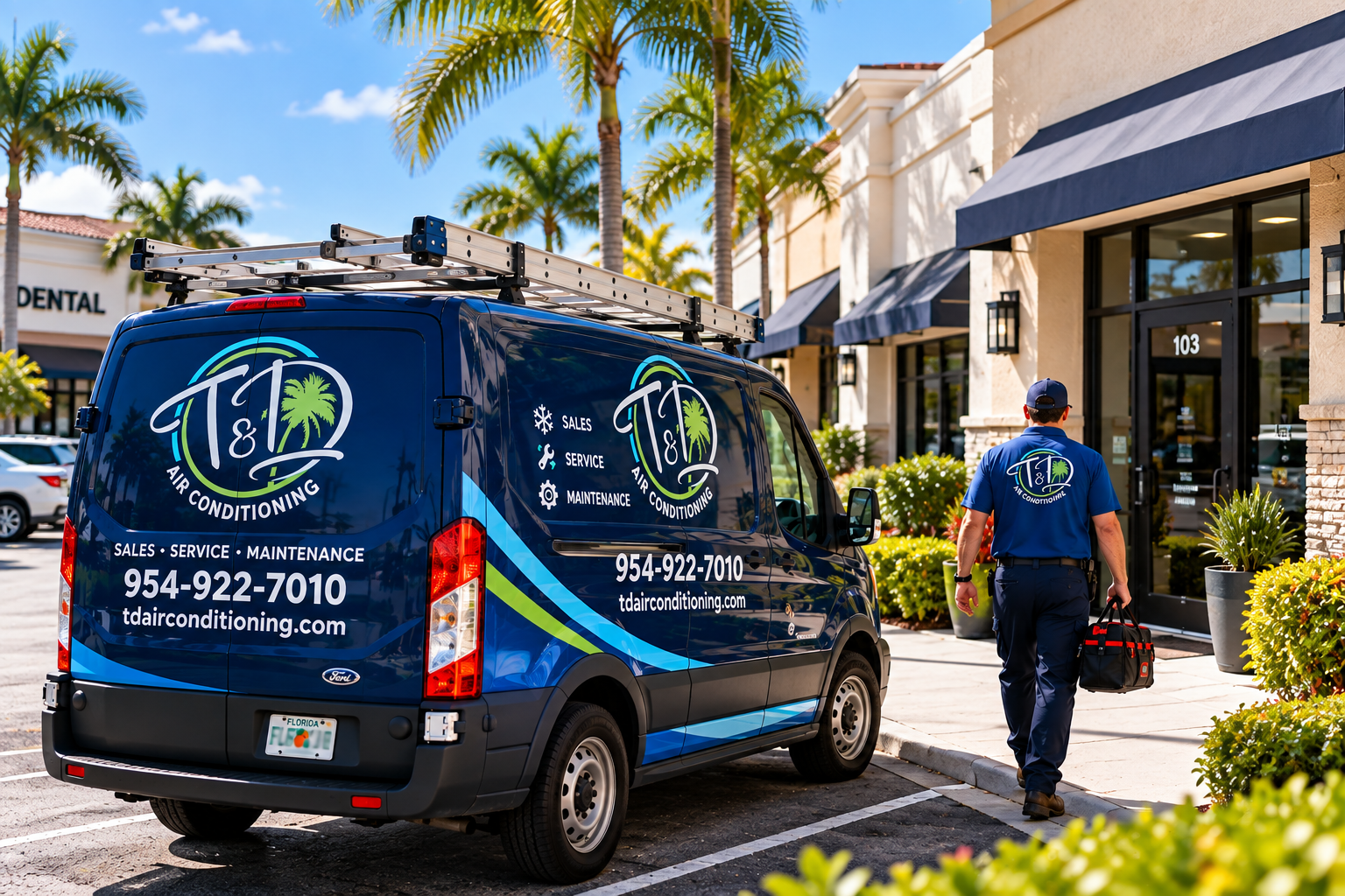 T & D Air Conditioning technician arriving at a small commercial property in Palm Beach County with a dark blue HVAC service van for AC repair and maintenance