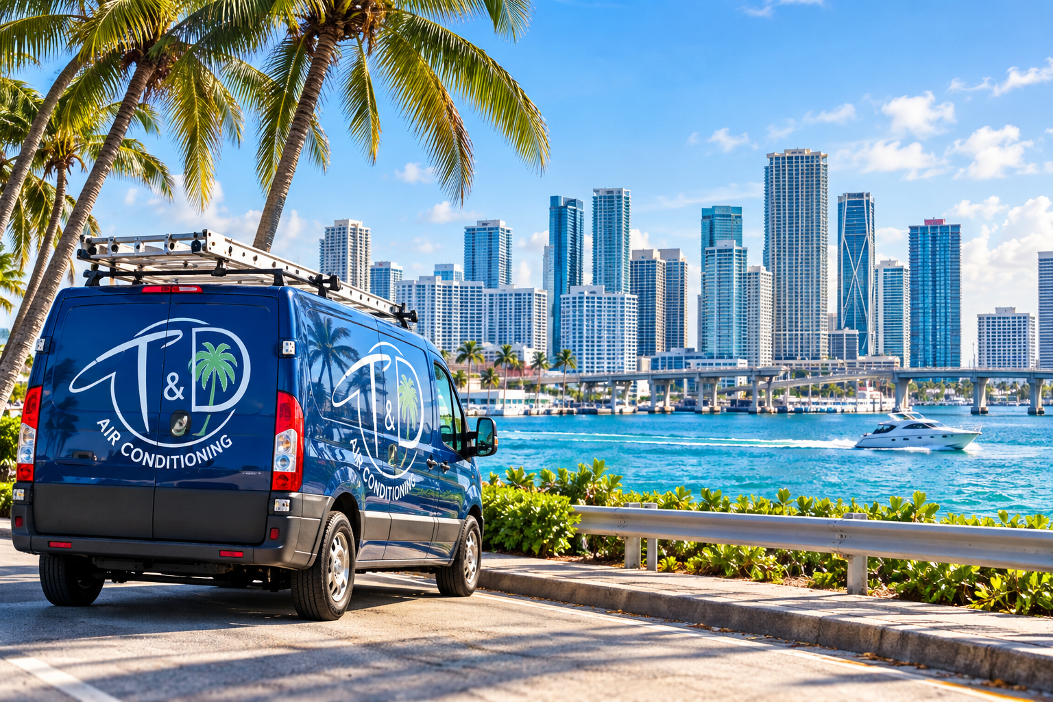 T & D Air Conditioning service van parked along a Miami-Dade waterfront with city skyline, representing reliable HVAC services in South Florida