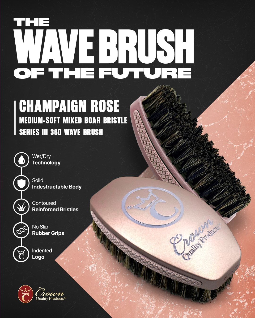 NEW! "Champaign Rose" Premium | Medium-Soft 100% Boar Bristle | Caesar 2.0 Wave Brush