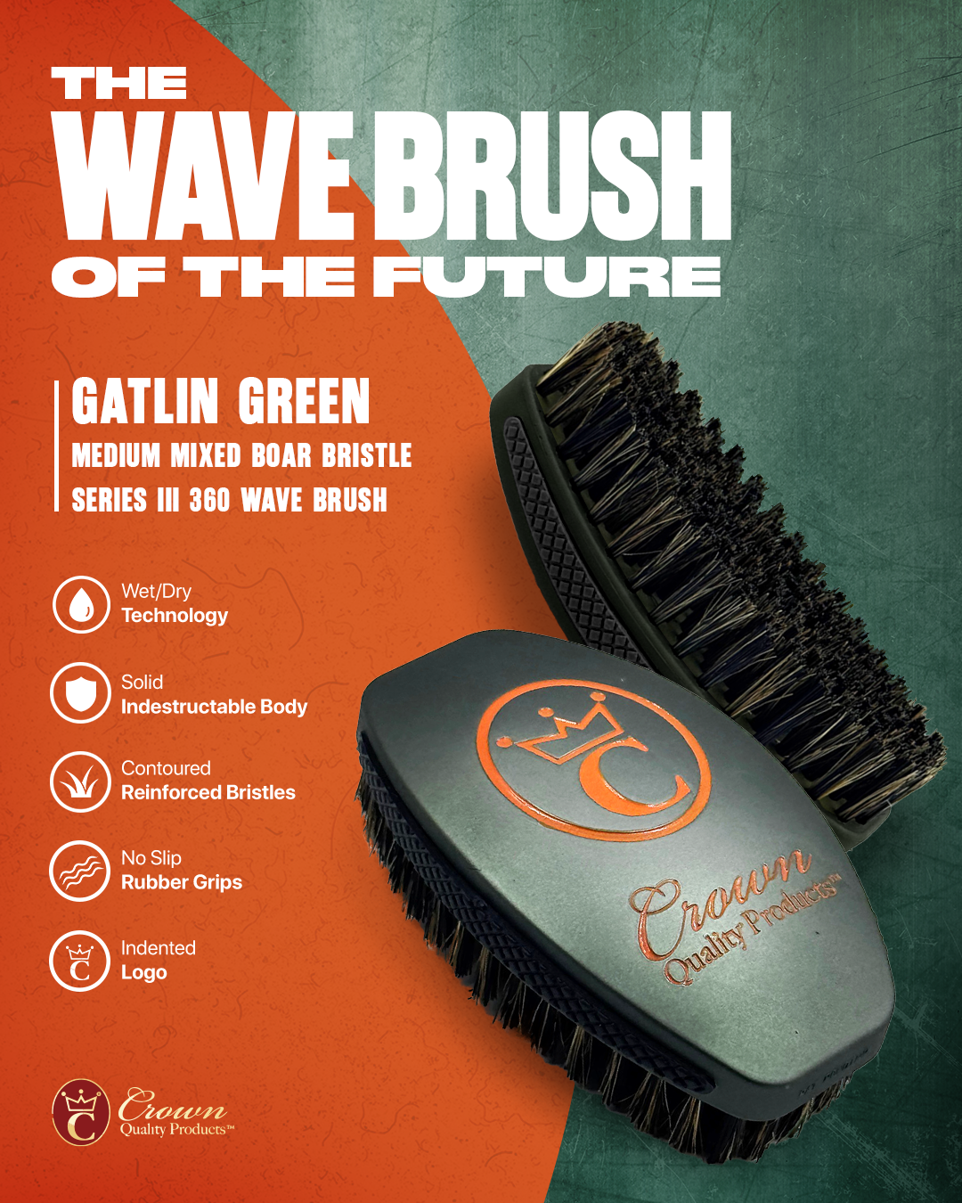 NEW "Gatlin Steel Green" | Medium Mixed Boar Bristle | Series III 360 Wave Brush by Crown Quality Products
