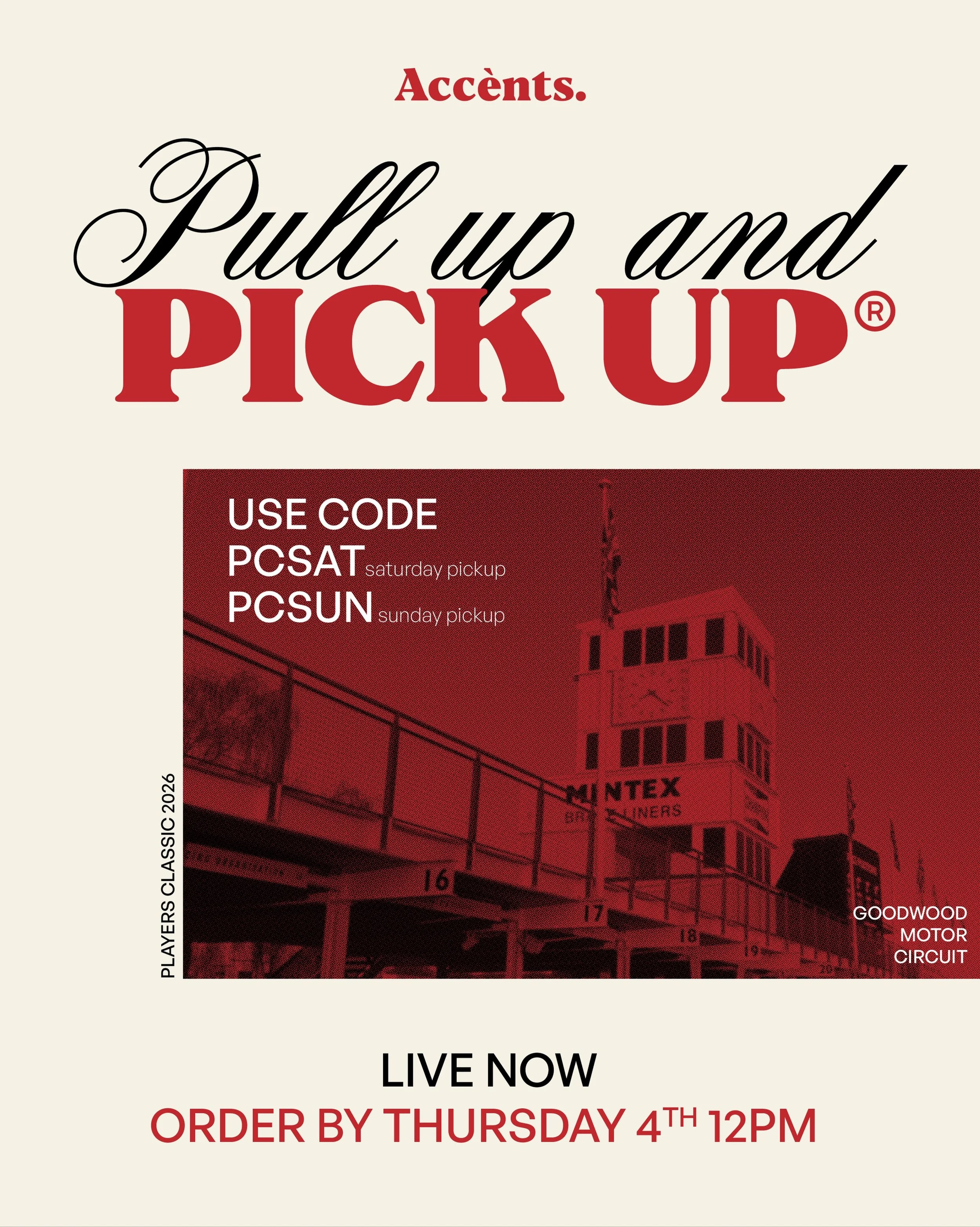 PULL UP &amp; PICK UP&reg;⁠
Coming to Players Classic &amp; want to pick up your order?⁠
As we move premises, use code PCSAT for Saturday Pickup, or PCSUN for Sunday Pickup. I&rsquo;ll be hanging out with the Mk2, come have a chat.⁠
Looking forward t