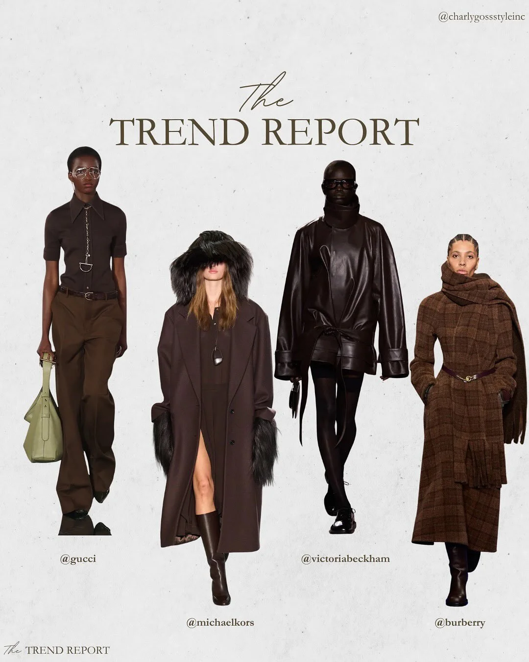 THE TREND REPORT: SHADES OF BROWN 

Brown is having a major moment this fall. From rich chocolate tones to soft caramel and creamy latte shades, it&rsquo;s the colour that&rsquo;s taken over! Designers like The Row, Ferragamo, and Loewe prove that br
