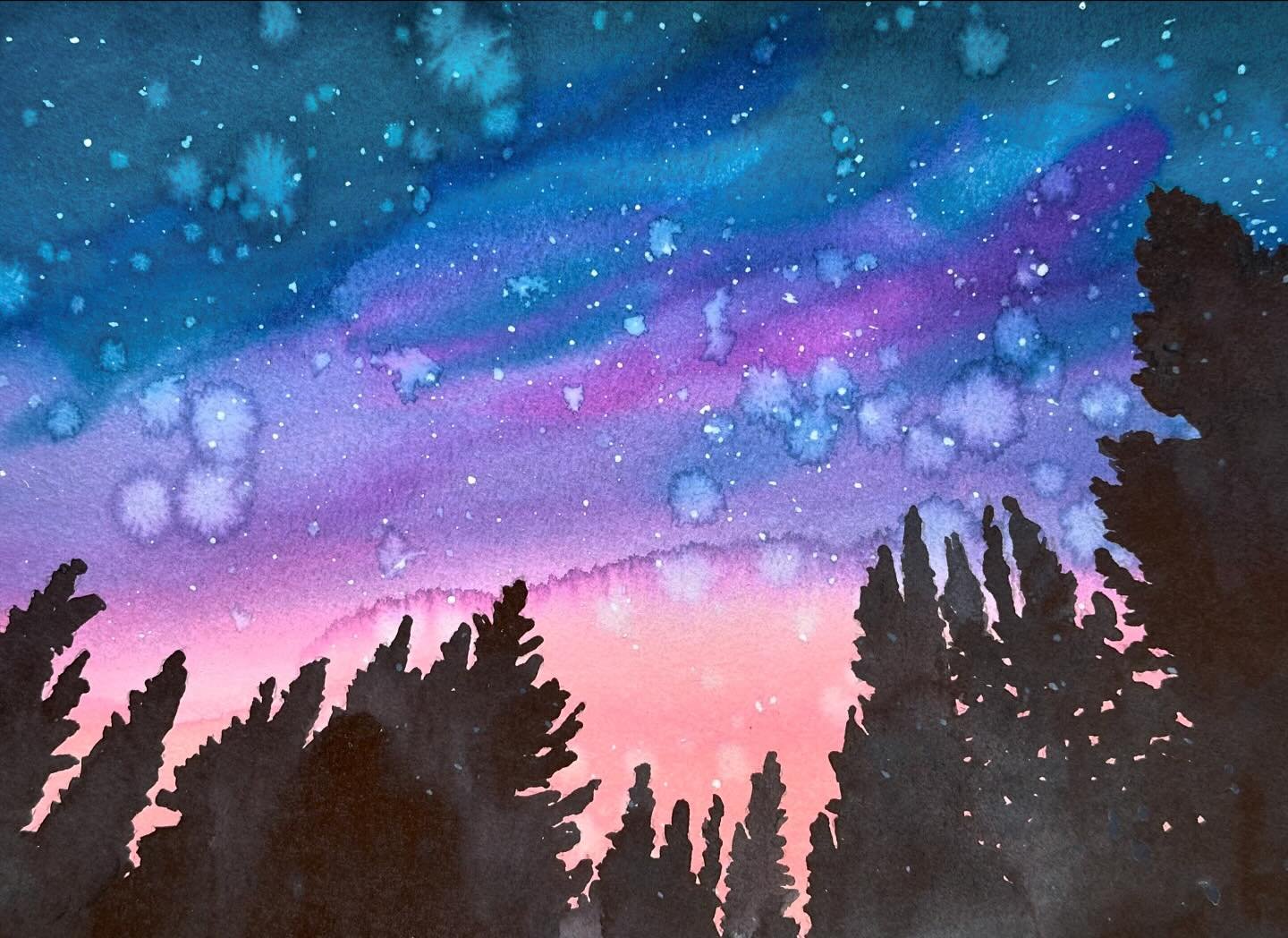 I painted the Galaxy Forest project from @sarahdandelioncray&rsquo;s Landscape Workbook. I like the colors in the sky. I got some blooms in my sky, but I&rsquo;m ok with that. I think I flicked in white when it was still too wet, but I like the effec
