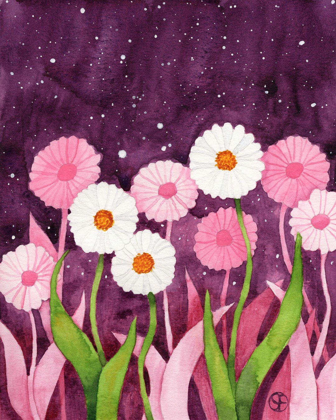 Daisies at night. I painted this as a negative space painting with a few layers of gradients. I was inspired to paint daisies after talking with one of my nieces about her favorite flowers. She also likes pinks and purples so I decided to use the sam