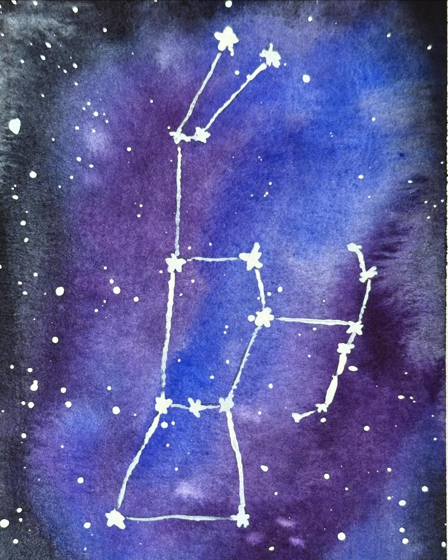 Orion painted on a postcard. It&rsquo;s one of my favorite constellations. Probably because it&rsquo;s one of the few I can find easily. 

#letsmakeartwatercolor #letsmakeart #watercolor #watercolorpainting
