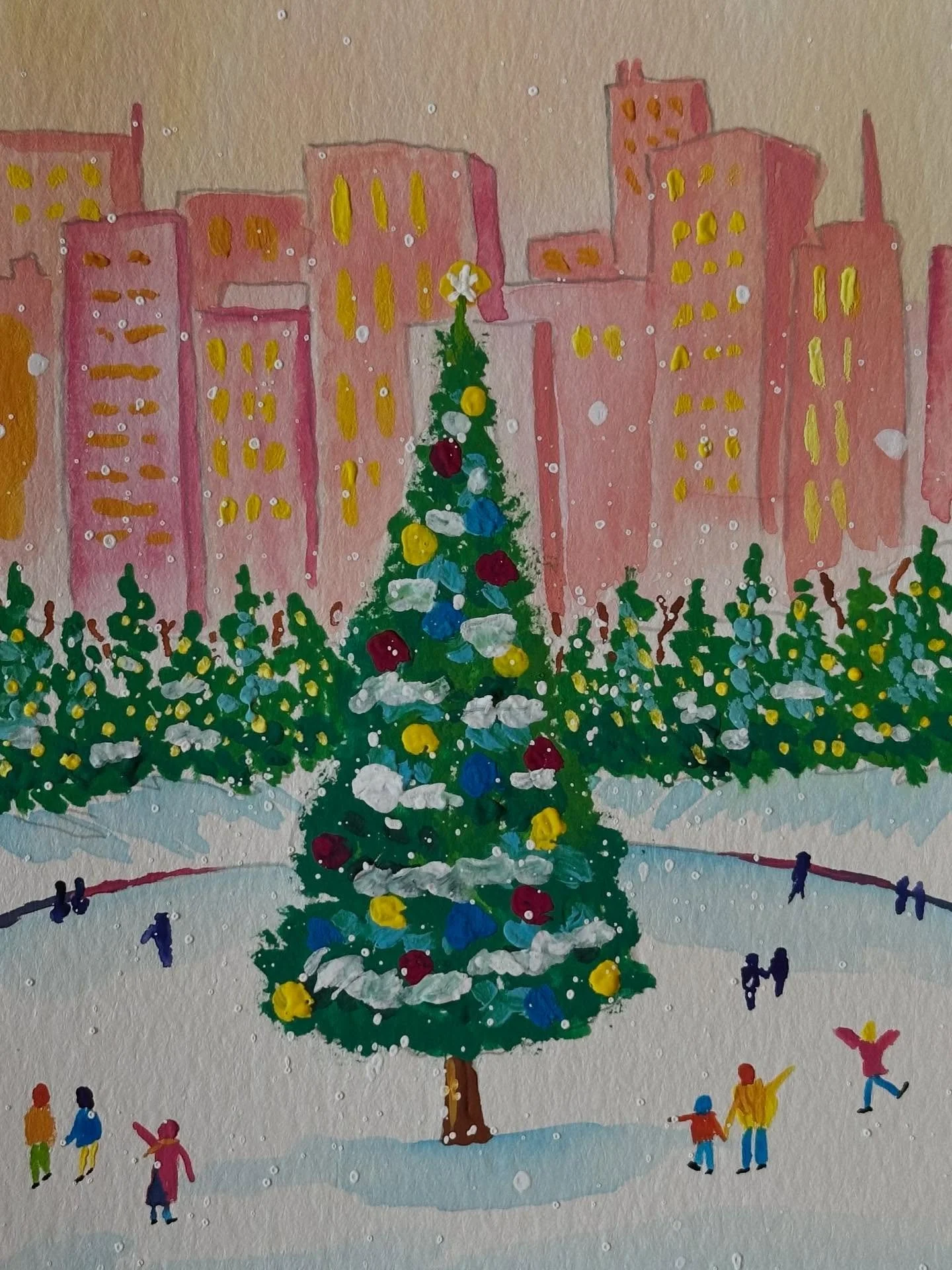 I painted the NYC Skating Christmas card tutorial from @letsgomakeart. It was fun painting all the tiny people and I love the peachy glow of the buildings. This one makes me want to go ice skating, which I haven&rsquo;t done in a long time. 

#letsma