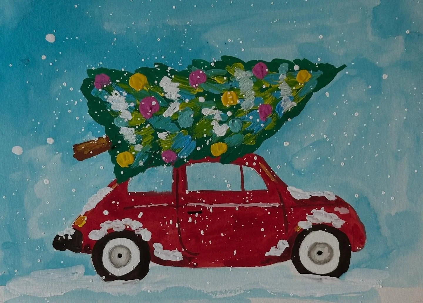 I painted the Christmas Car tutorial from @letsgomakeart. I accidentally painted over the ground snow but was able to fix it. One of the benefits of painting with gouache. 

#letsmakeart #letsmakeartwatercolor
