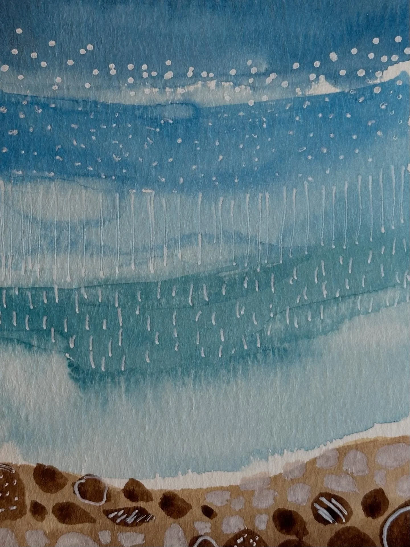 I painted a few postcards following last month&rsquo;s Let&rsquo;s Make Art Matter tutorial from @letsgomakeart. This little beach scene is playful. I like painting with different blues and I used a couple of different white pens. 

#letsmakeart #let
