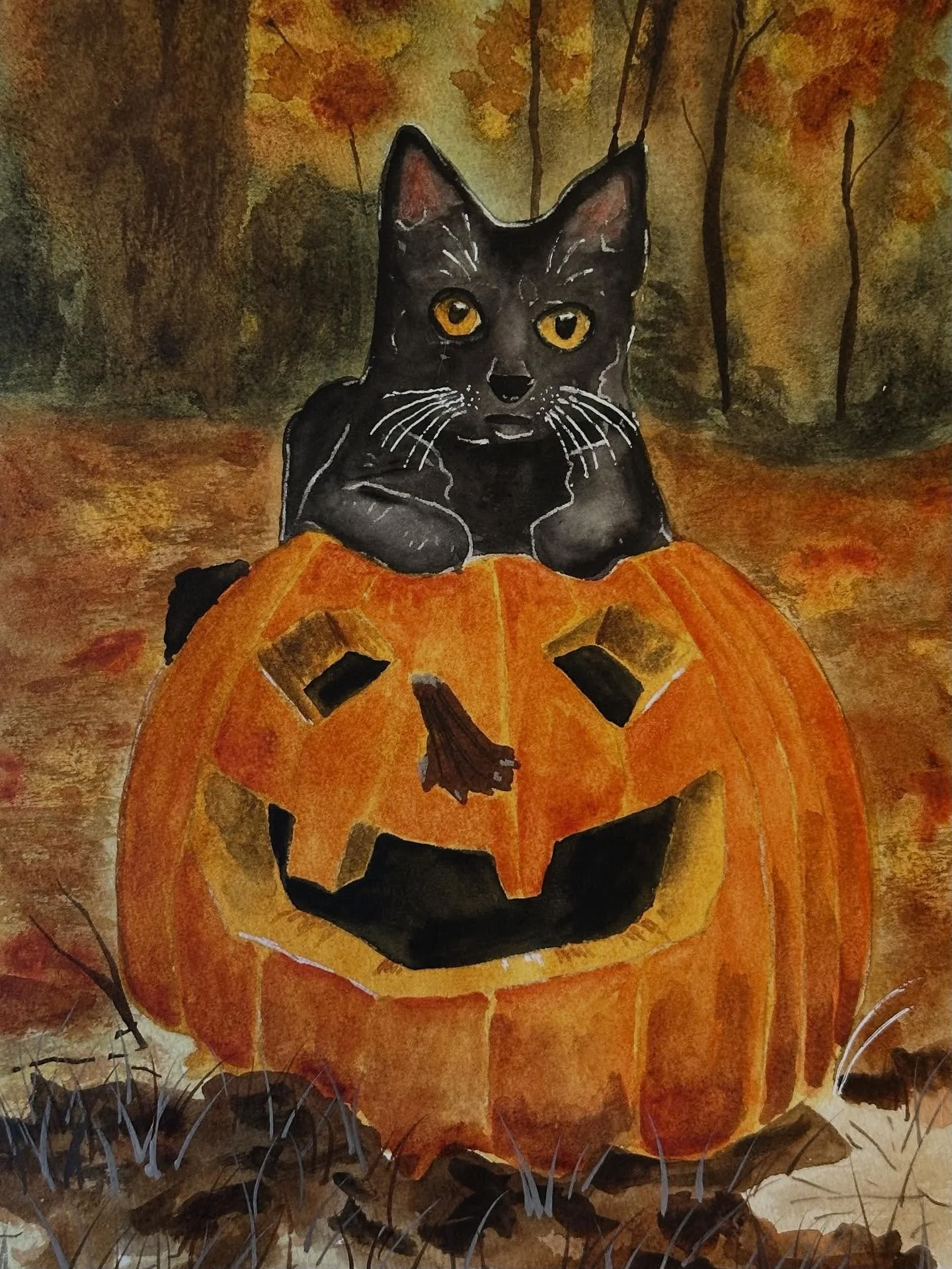 I painted the cat in the jack tutorial from @letsgomakeart. I used carbon paper to trace my outline and it must have been waxy or something because the black paint resisted where I traced. My cat ended up with a weird white outline as a result. Other