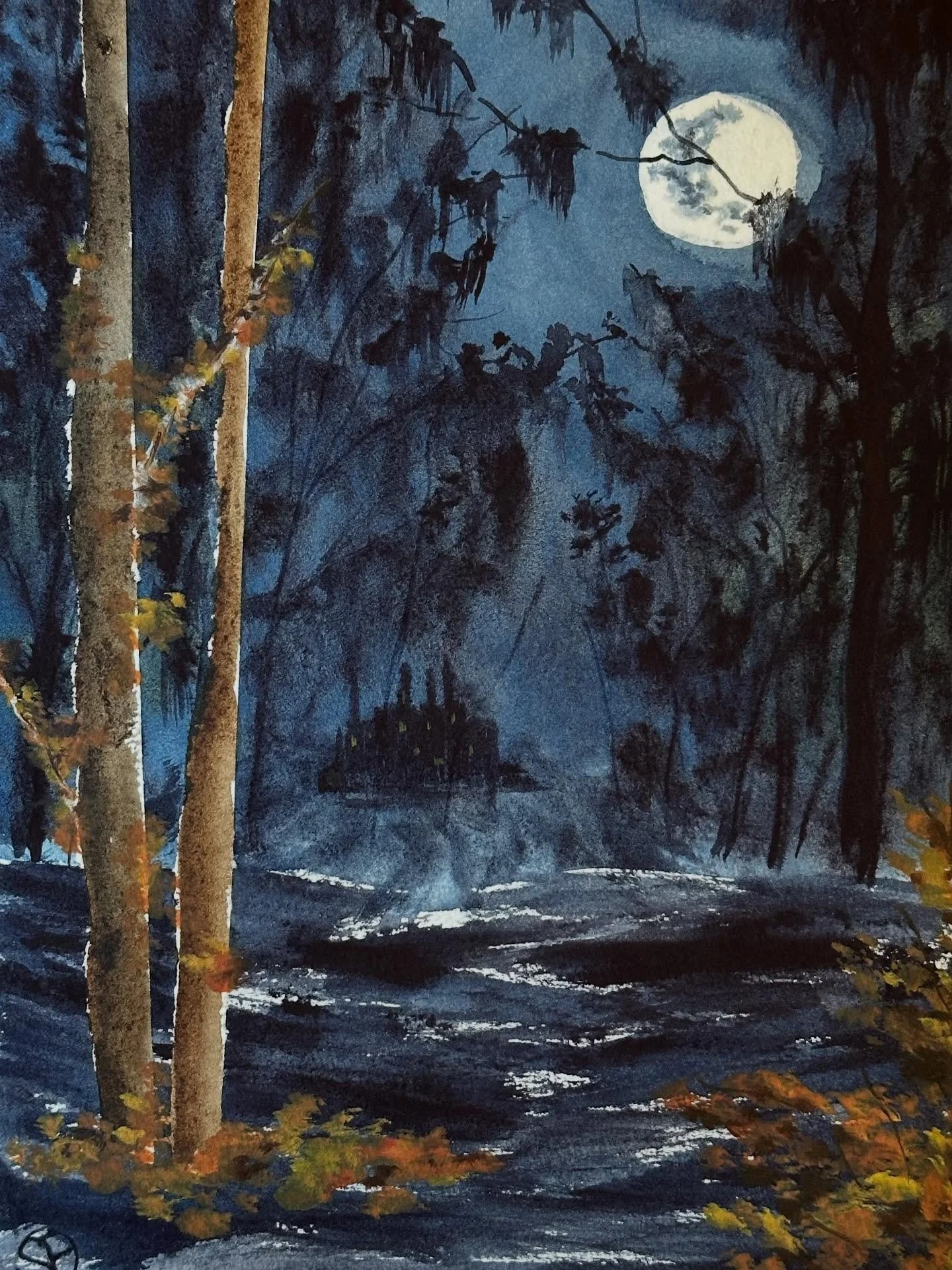 I painted the spooky forest tutorial from @letsgomakeart. I’m glad I managed to leave enough white unpainted on the ground so it looks like the moonlight is glistening off the ground. And freehand painting the castle was fun. 
#letsmakeart #le