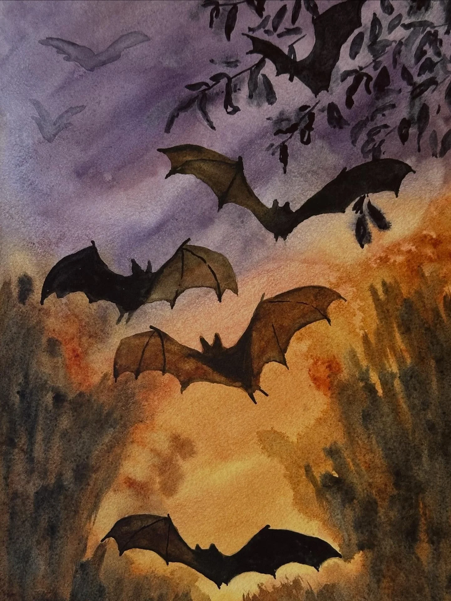 I painted the friggin’ bats tutorial from @letsgomakeart. I lost some of my bat outlines after painting the background, but still got the bats sorted out ok. 
#letsmakeart #letsmakeartwatercolor #watercolor #wtercolorpainting