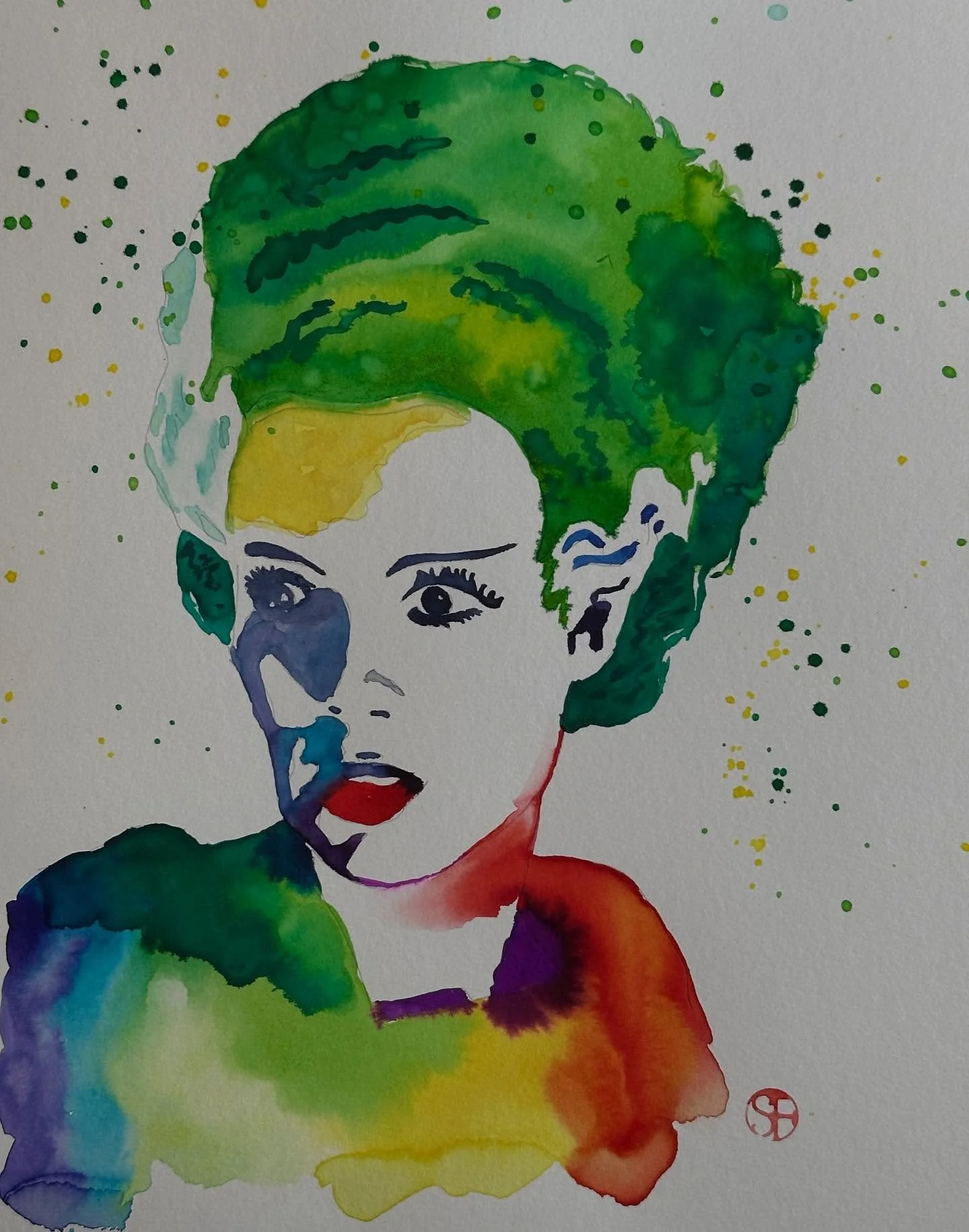 I painted the bride of Frankenstein tutorial from @letsgomakeart. Lots of fun colors. I’m enjoying fall and Halloween paintings this month. 
#letsmakeart #letsmakeartwatercolor #watercolor #watercolorpainting