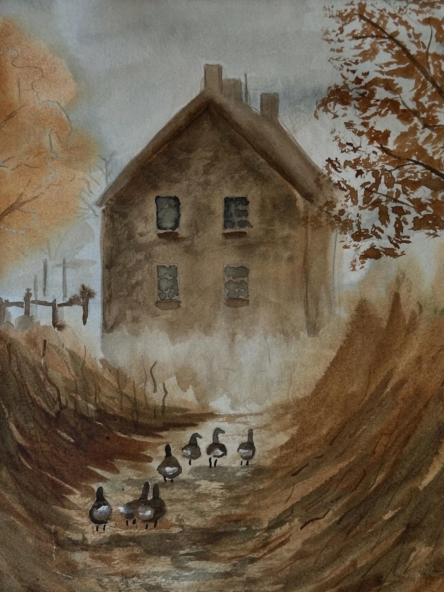 I painted the Autumn Misty Cottage tutorial from @letsgomakeart. I feel like I struggled a bit with this one and parts didn&rsquo;t come out how I&rsquo;d like. But I do like the little geese. 

#letsmakeart #letsmakeartwatercolor #watercolor #waterc