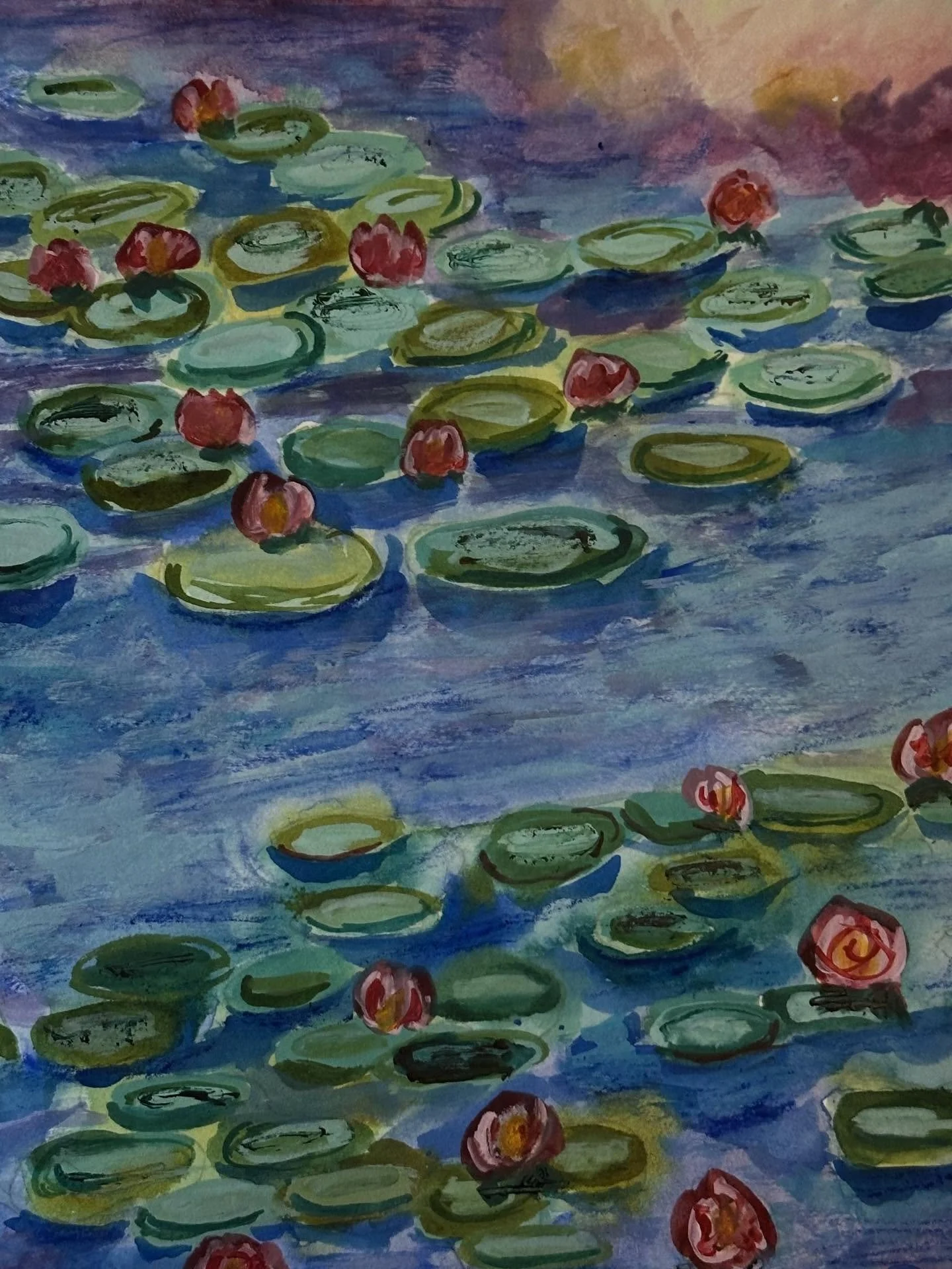 I painted the Water Lilies 1914-1917 tutorial from @letsgomakeart&rsquo;s Monet course. 

#letsmakeart #letsmakeartwatercolor #watercolor #watercolorpainting