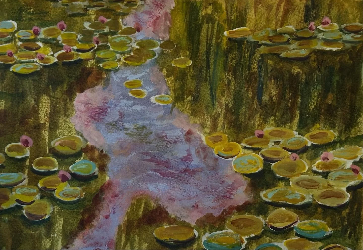 I painted the Water Lily Pond Left Panel 1917-1919 tutorial from @letsgomakeart&rsquo;s Monet course. I like the pink colors up against the greens in the water. 

#letsmakeart #letsmakeartwatercolor #watercolor #watercolorpainting