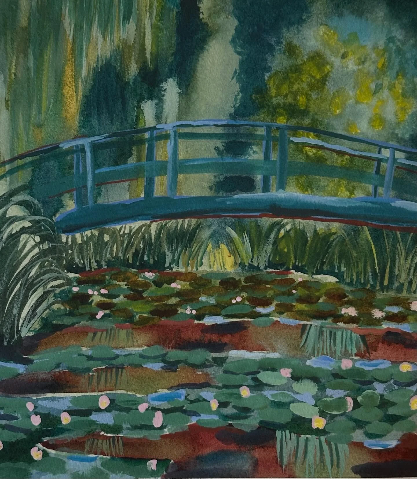 I painted the Japanese Bridge and Water Lily Pond - 1899 tutorial from the @letsgomakeart Monet course. 

#letsmakeart #letsgomakeartwatercolor #watercolor #watercolorpainting