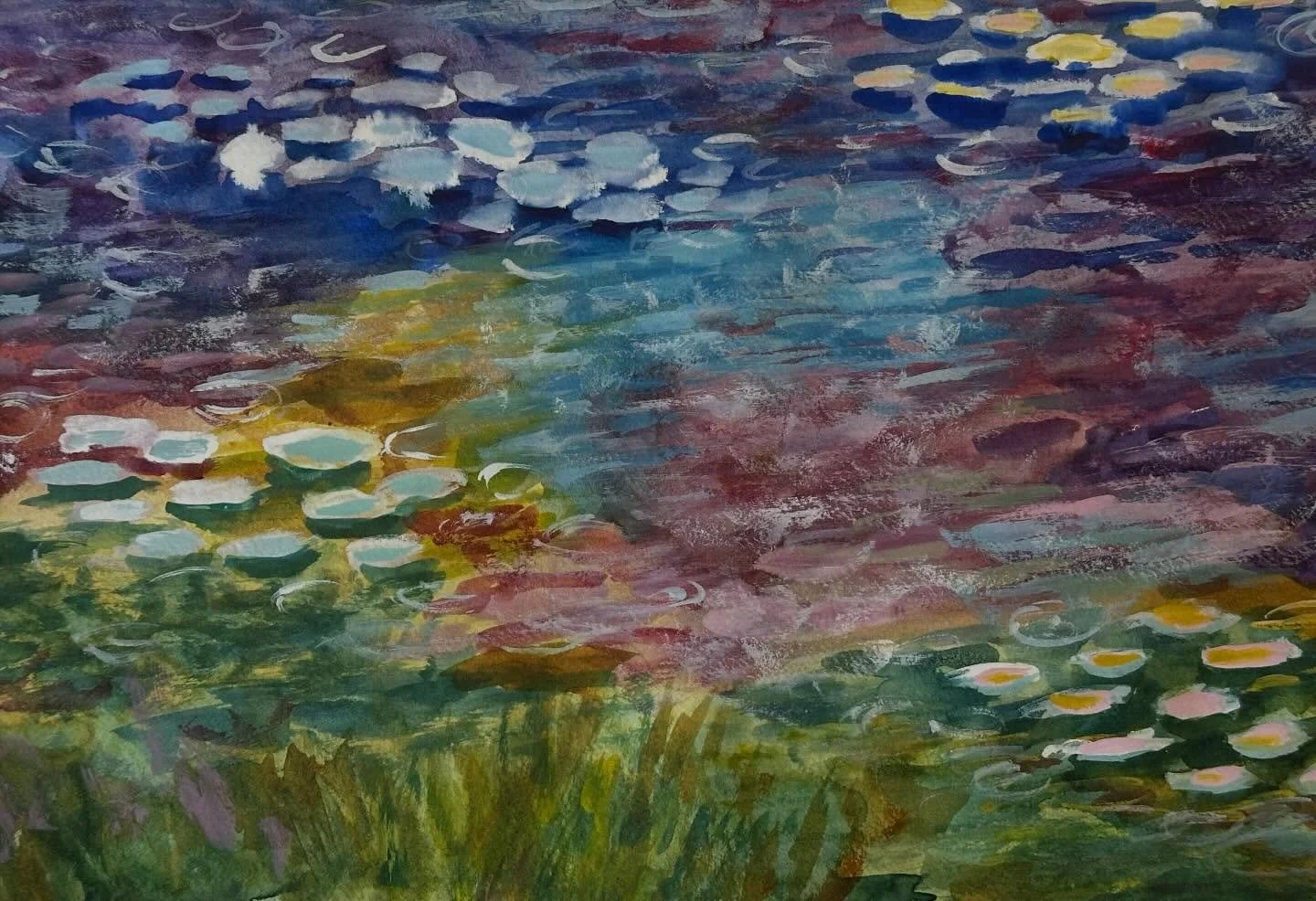 I painted the Water Lilies 1915-1926 tutorial from @letsgomakeart&rsquo;s Monet course. I struggled a bit with this one and went a bit overboard with texture. It was still fun to paint and experiment with different colors and textures. 

#letsmakeart