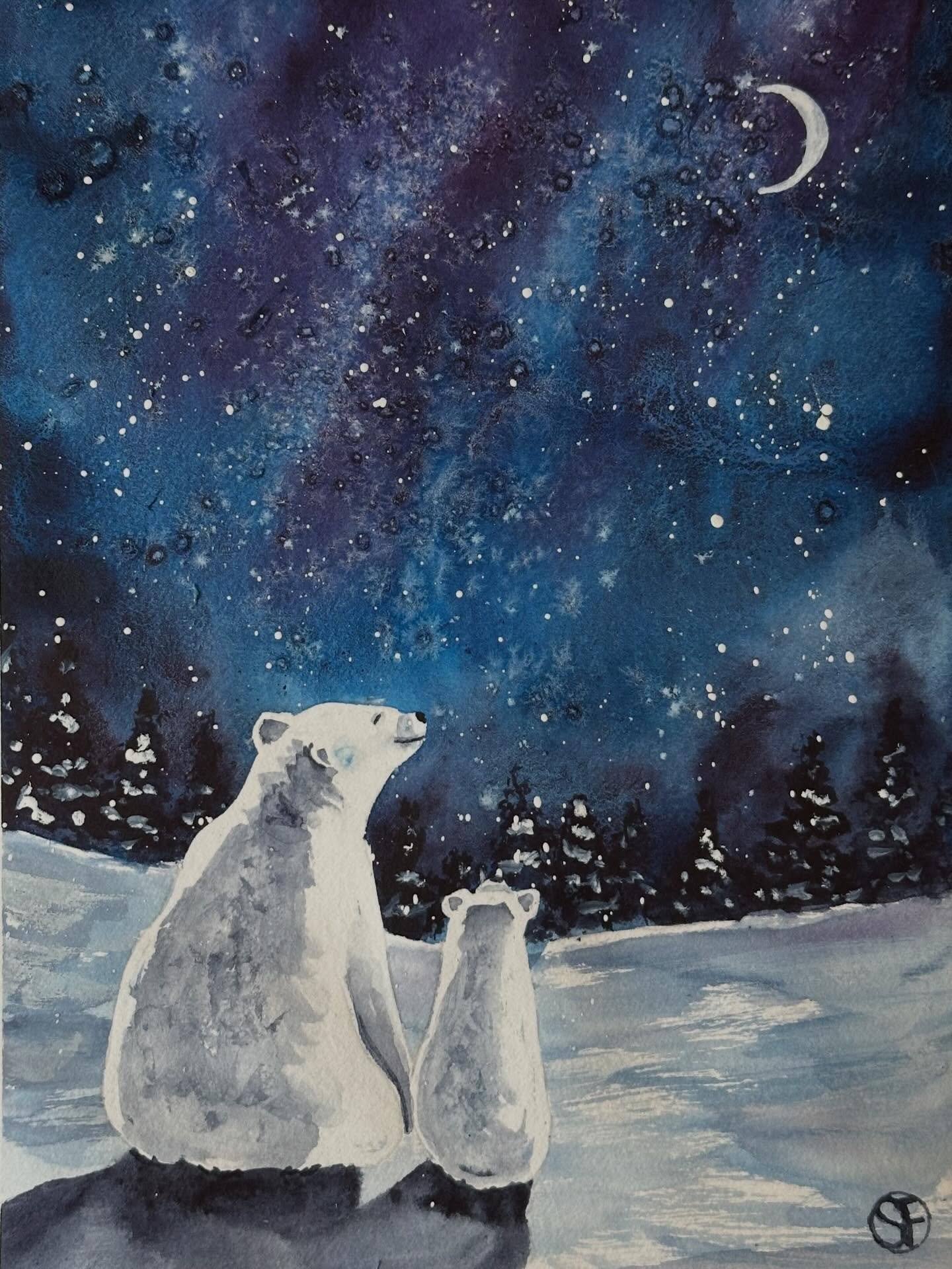 I painted the Polar Bear Wonder tutorial from @letsgomakeart. I had fun with the colors in the sky and went a bit overboard with the stars. 

#letsmakeart #letsmakeartwatercolor #watercolor #watercolorpainting