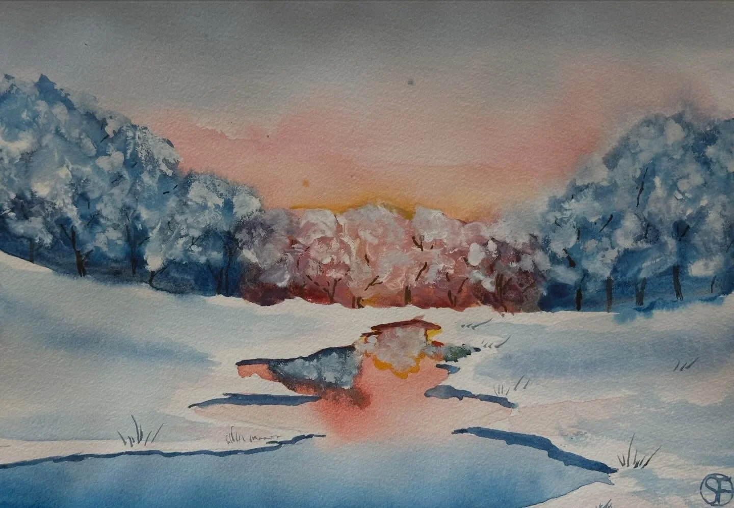 I painted the winter sunrise tutorial from @letsgomakeart. I had some challenges when painting with my painting somehow both drying too slowly in some areas while too fast in others, but I worked through it. 

#letsmakeart #letsmakeartwatercolor #wat