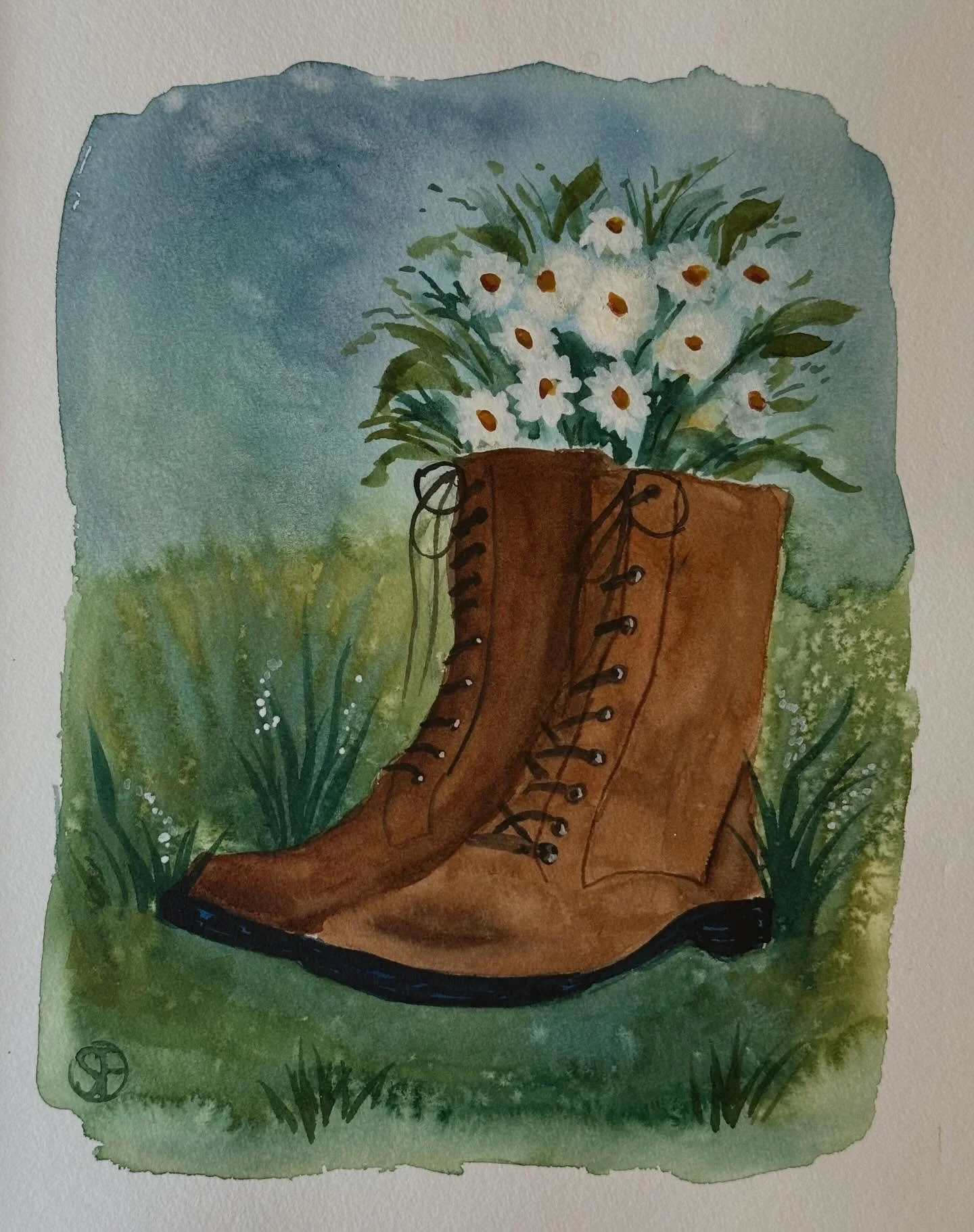 I painted the Anne of Green Gables Wild Boots tutorial from @letsgomakeart. I lost my outline for the laces on the boots and just had to wing it, so they ended up a little wonky. I like the color of the sky and the texture in the grass from the salt.