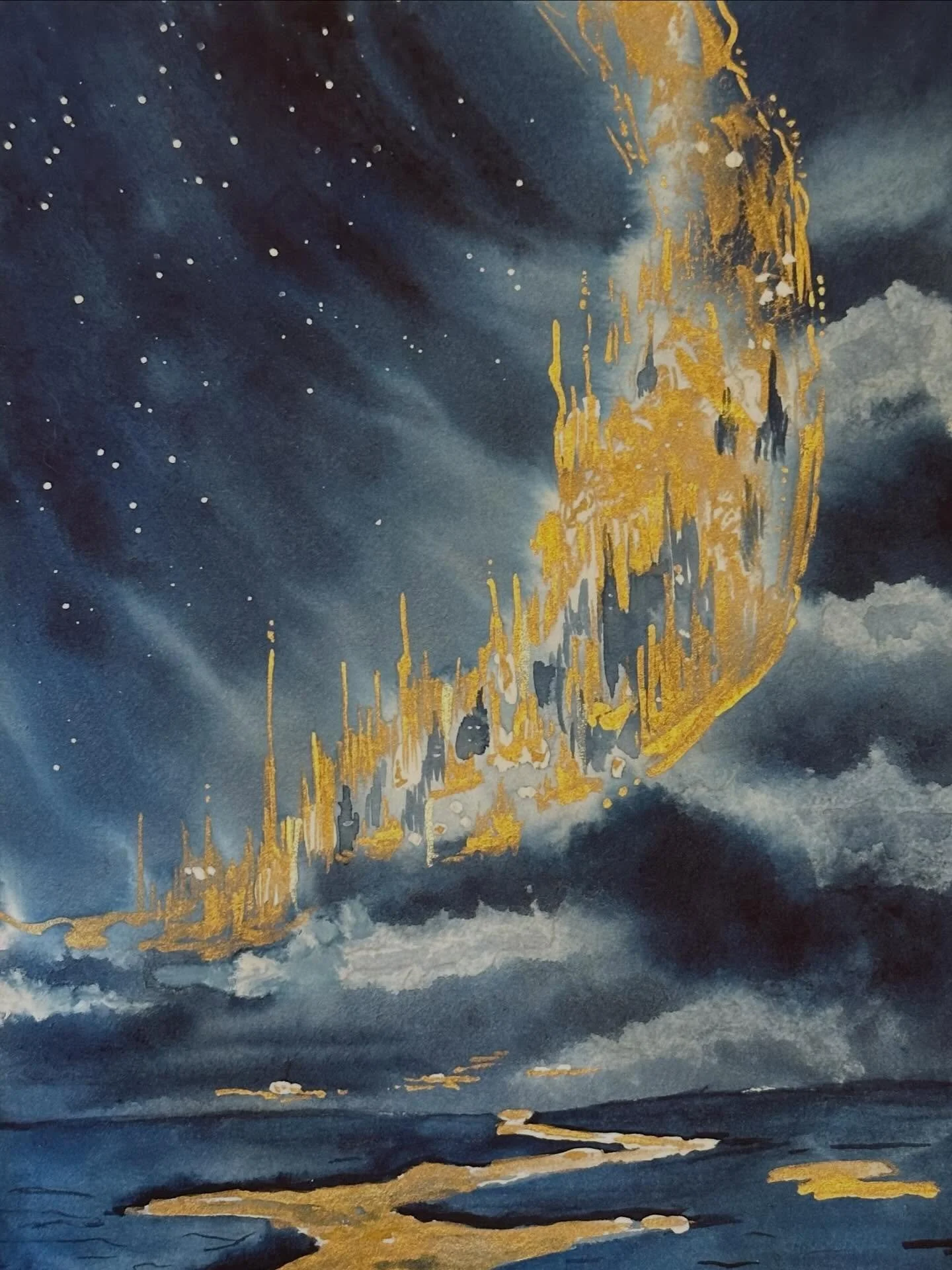 I painted the crescent cloud city tutorial from @letsgomakeart. This one looks pretty cool in person because of the gold and silver paints. Unfortunately the metallic paints don&rsquo;t photograph quite as well. 

#letsmakeart #letsmakeartwatercolor 