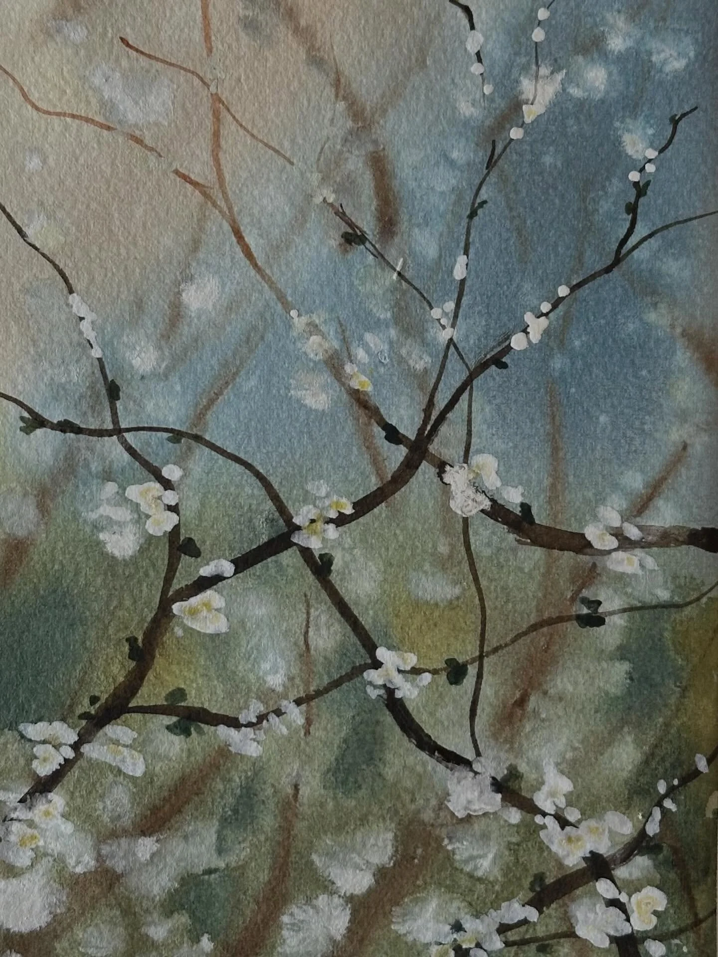 I painted these spring branches in my watercolor journal, from a @letsgomakeart tutorial. The tutorial is part of @letsgomakear&rsquo;s new journaling course and part of an introductory course about tackling the first page in a journal. Painting your