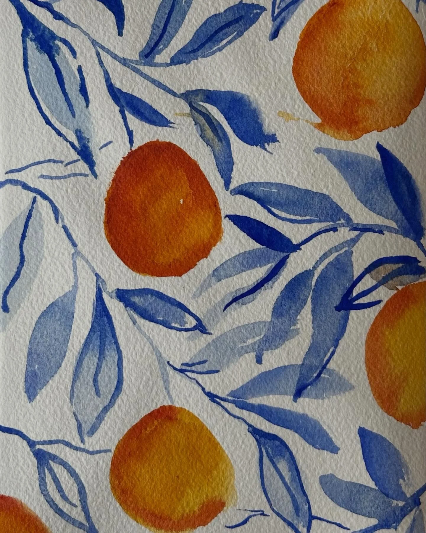 I painted the complementary oranges tutorial from @letsgomakeart in my watercolor journal. I accidentally painted the bottom orange right below the one above it and at that point didn&rsquo;t have room to place more oranges to balance it out. Oops. 

