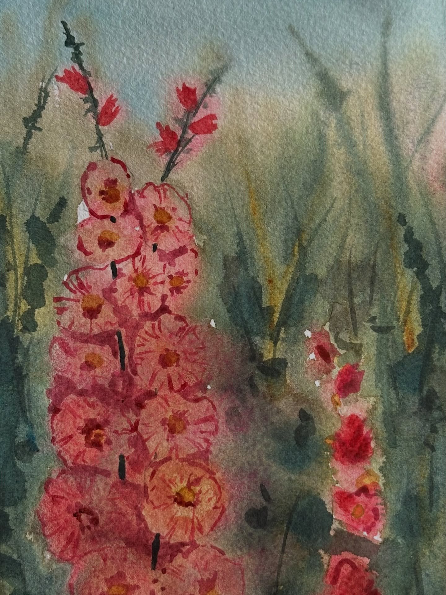 I painted the hollyhock garden tutorial from @letsgomakeart in my watercolor journal. Halfway through, this painting looked like a mess and I wasn&rsquo;t sure it was going to turn out well. But I kept going and added the details, and that made the p
