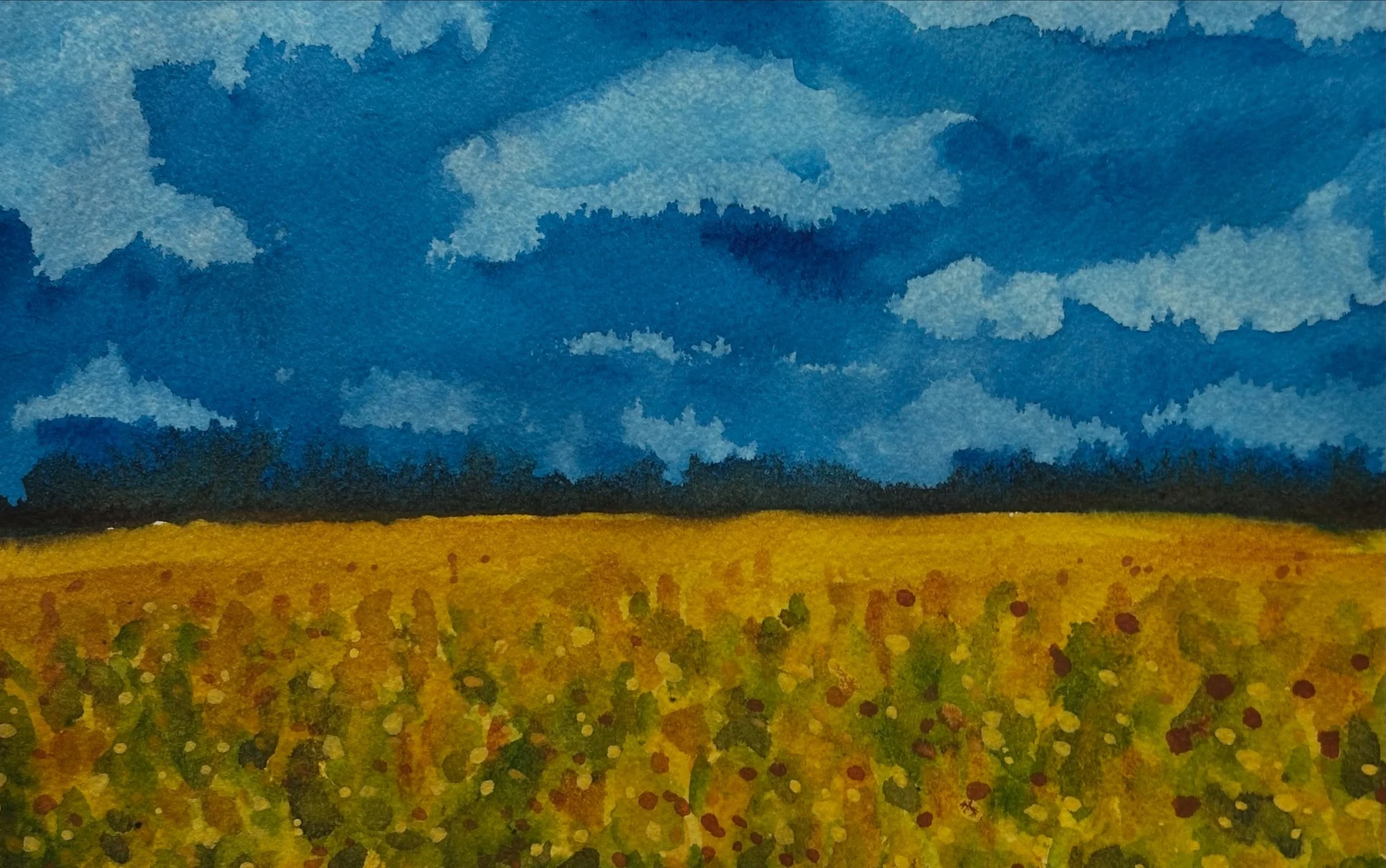 An Oklahoma landscape I painted in my watercolor journal. This is a scene I&rsquo;ve painted before, but wanted to try it again with a different take. I think the blue I used for the sky might be a little too strong, but I had fun painting this. 

#w