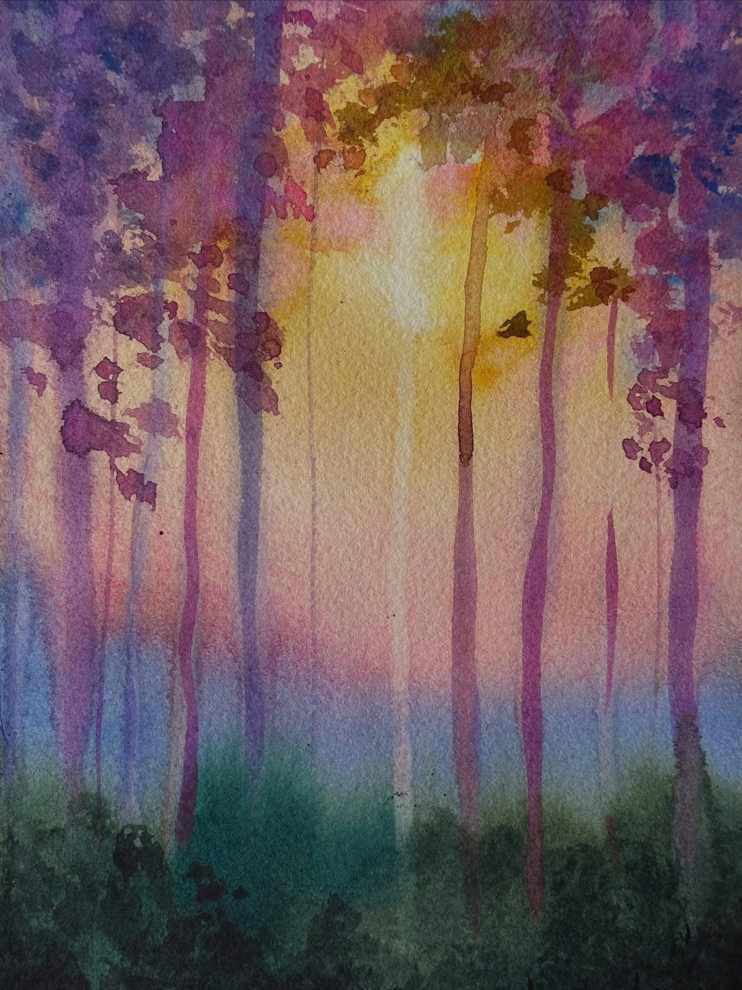I painted the hazy purple forest tutorial from @letsgomakeart. While painting this one, I thought for sure the colors were going to get all muddy, but it worked out. 

#letsmakeart #letsmakeartwatercolor #watercolor #watercolorpainting
