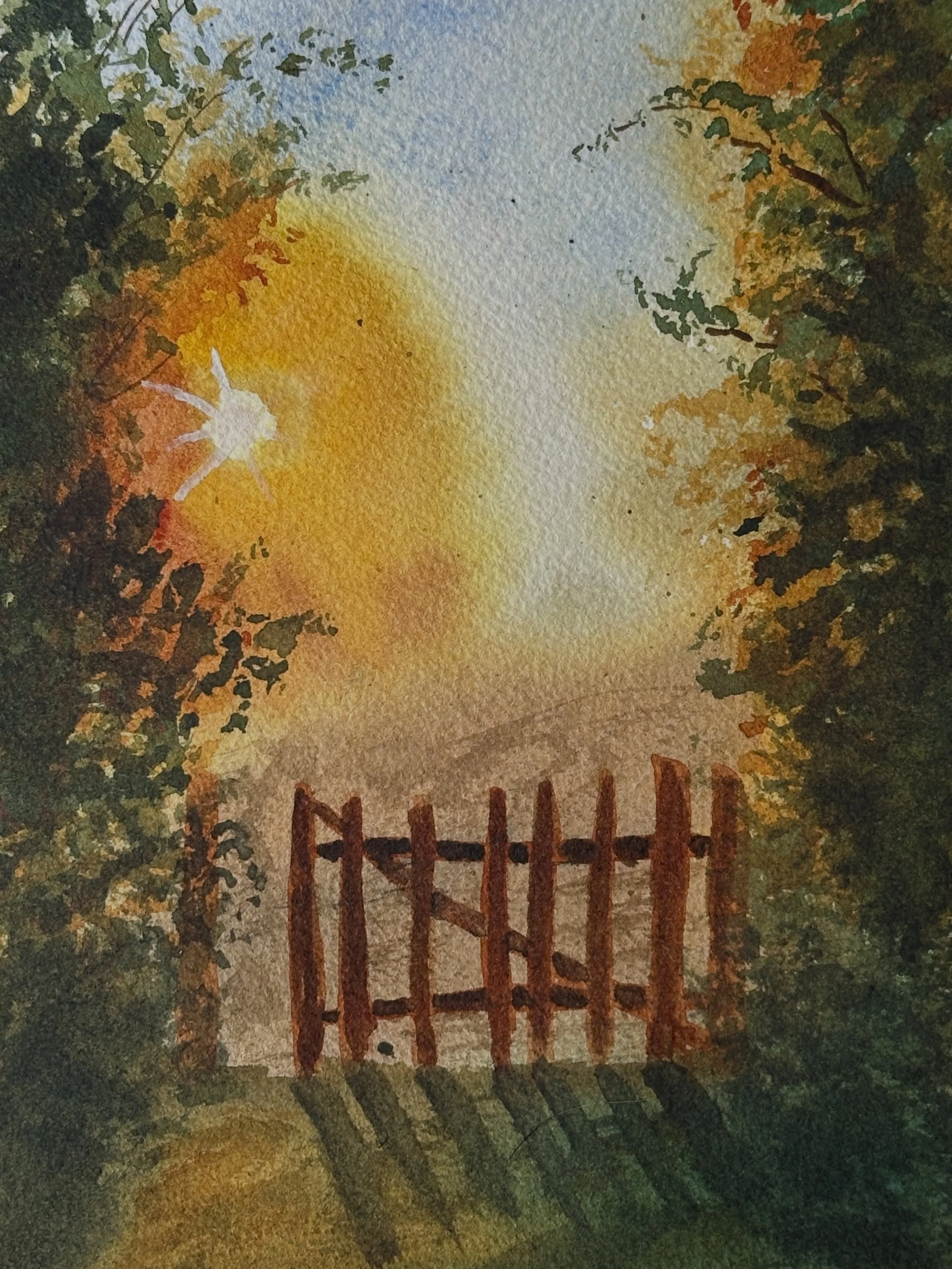 This is my second attempt at the sunlit gate tutorial from @letsgomakeart. It turned out much better than my first attempt, which I gave up on. I adjusted the steps that didn&rsquo;t work well for me on the first try, and ended up doing more wet on d