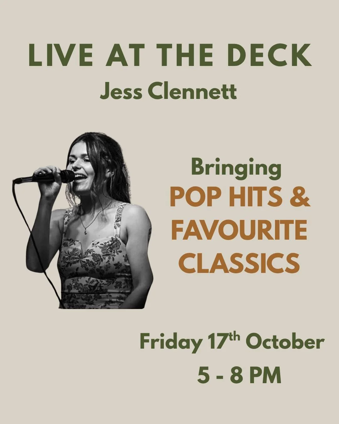 Experience the Magic of Jess Clennett Live at The Deck! 🎶
Join us for an unforgettable early evening with Jess Clennett, a standout talent from Australian Idol’s 2023 Top 30!
Renowned for her stunning vocal range and effortless connection wi