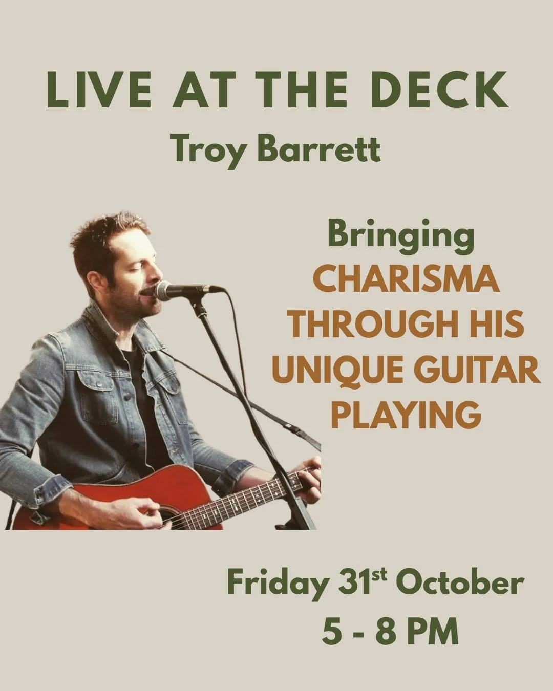 🎸 Join us - Live at the Deck with Troy Barrett
Troy is the perfect entertainment choice for any event, bringing charisma, dynamic vocals, and unique guitar skills to every performance. Originally from Melbourne and now based in Hobart, Troy has bee