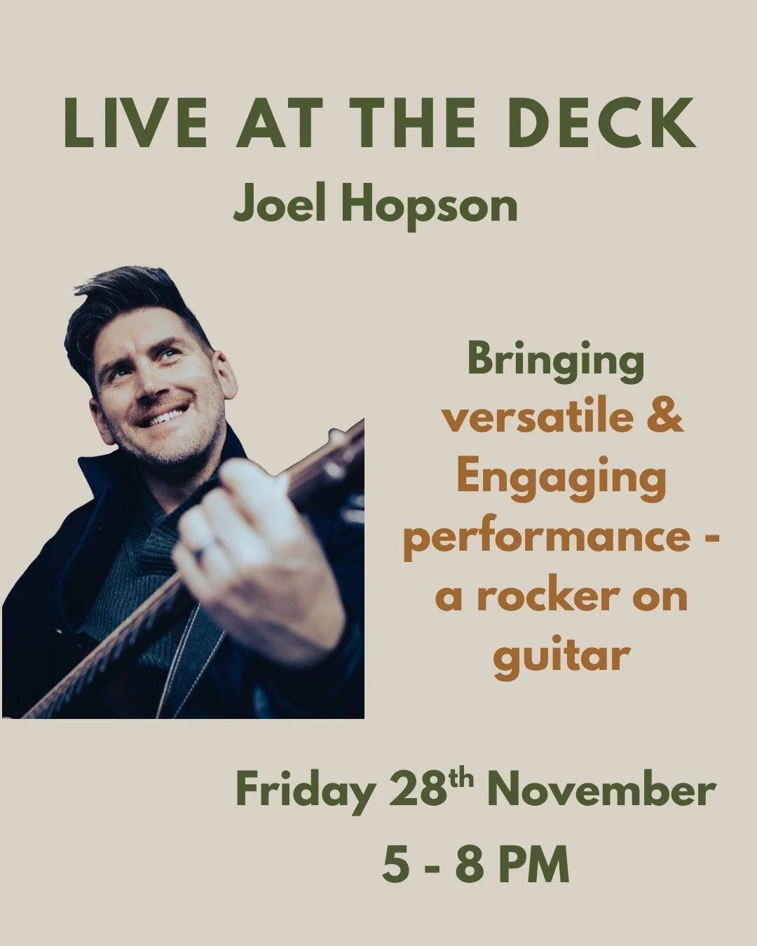 Live Music Fridays on The Deck 🎶⁠
⁠
Relax on 28th Nov with Joel Hopson live, while enjoying Happy Hour 4&ndash;6pm, our drinks of the month, and snacks &amp; nibbles with stunning city views 🍹✨⁠
⁠
It&rsquo;s the perfect way to ease into the weekend