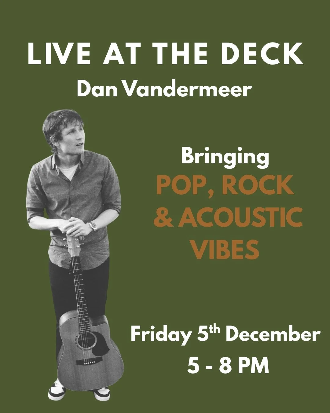 Unwind on The Deck this 5th Dec with Dan Vandermeer live.⁠
⁠
Enjoy Happy Hour 4&ndash;6pm, featuring our special drinks of the month, paired with deck snacks &amp; nibbles - the perfect weekend escape 🌇⁠
⁠
Menu in bio.⁠
⁠
⁠
⁠
⁠
Keywords: live music,
