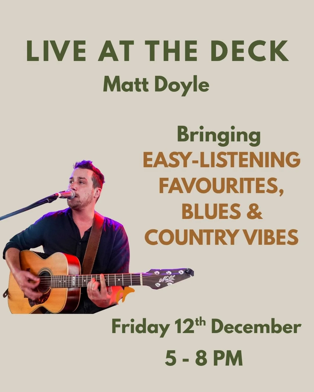 Live Music Fridays on The Deck 🎶⁠
Relax this 12th Dec with Matt Doyle live, playing easy listening covers, blues, and country vibes.⁠
⁠
Enjoy Happy Hour 4&ndash;6pm, our drinks of the month, and snacks &amp; nibbles on The Deck 🍹✨ Unwind with music