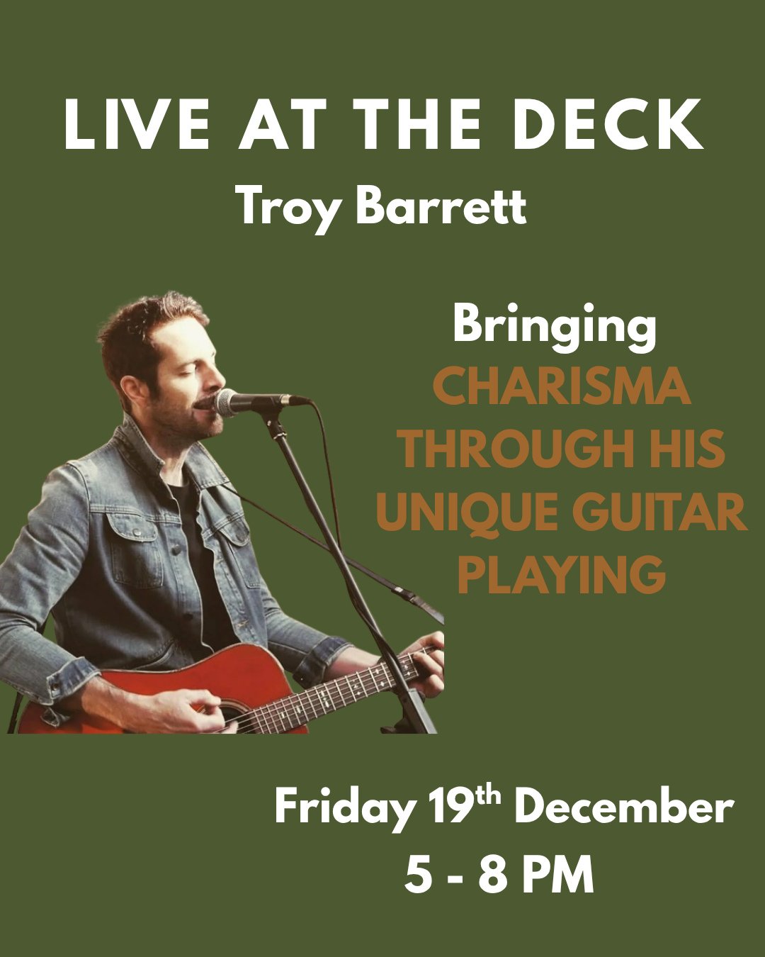 Live Music Fridays on The Deck 🎶⁠
⁠
Join us 19th Dec for Troy Barrett live - dynamic guitar, vocals, and crowd-pleasing tunes perfect for a relaxing Friday evening.⁠
⁠
Sip your way through Happy Hour 4&ndash;6pm, enjoy our drinks of the month, and g