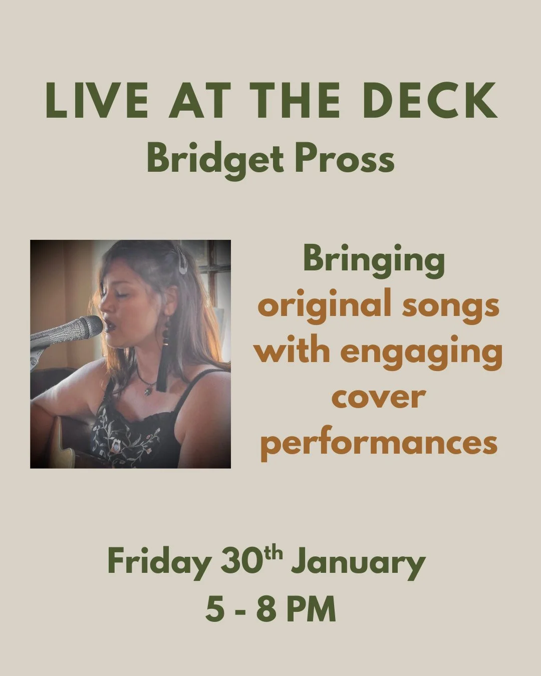 🎶 Live Music Fridays at The Deck 🎶⁠
⁠
Next Friday, enjoy soulful sounds from award-winning Tasmanian songwriter Bridget Pross, whose music has graced stages from Falls Festival to Neighbours.⁠
⁠
🍹 Happy Hour 4&ndash;6pm⁠
🎤 Live music 5&ndash;8pm⁠
