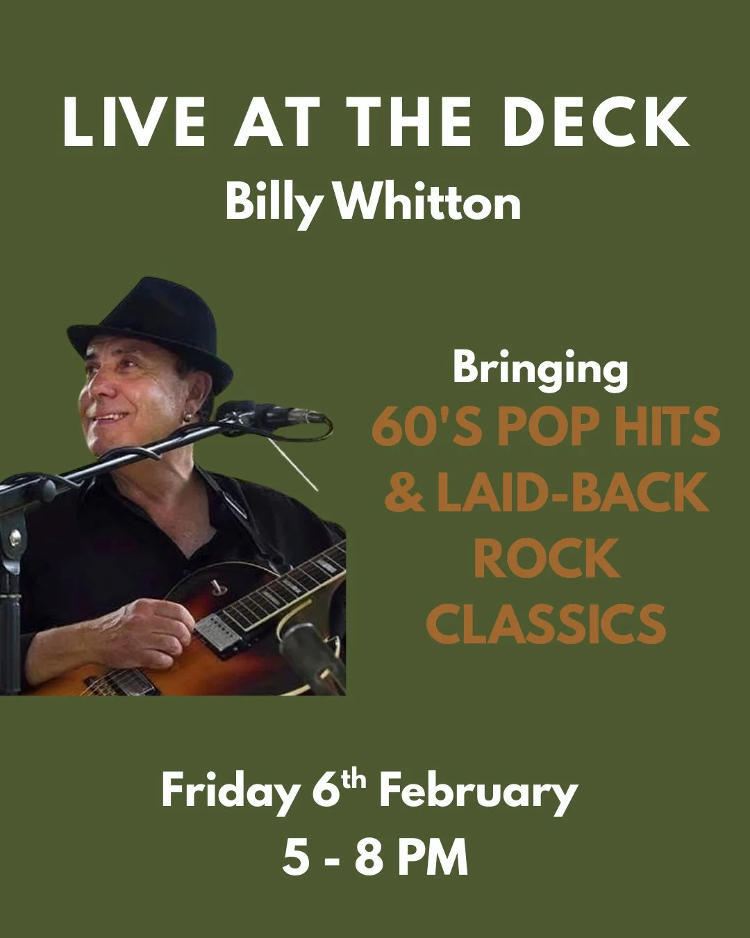 🎶 Live at The Deck: Billy Whitton 🎶⁠
⁠
Join us next Friday for an evening of smooth vocals and timeless tunes from Billy Whitton - jazz standards, &rsquo;60s pop, and laid-back rock classics.⁠
⁠
🍹 Happy Hour 4&ndash;6pm⁠
🧀 Delicious nibbles and s
