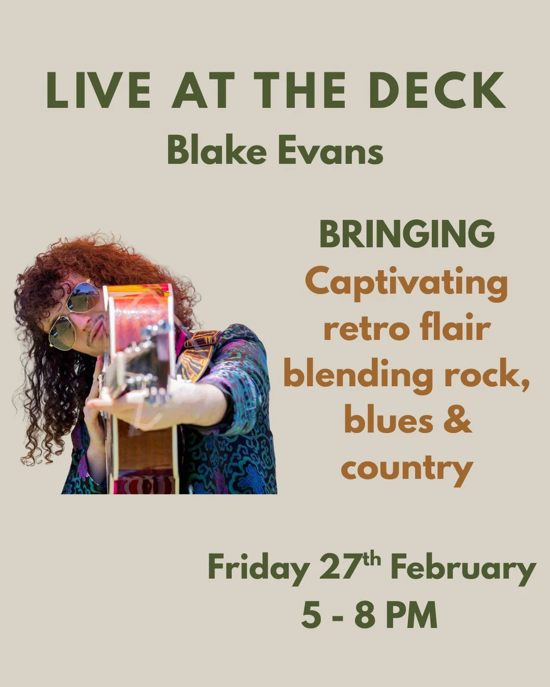 Blake Evans is bringing his captivating retro flair to The Deck, blending smooth rock, soulful blues &amp; a touch of country for the perfect sunset soundtrack from 5&ndash;8 PM.⁠
⁠
Settle in with shared platters, indulgent nibbles, and a lineup of s
