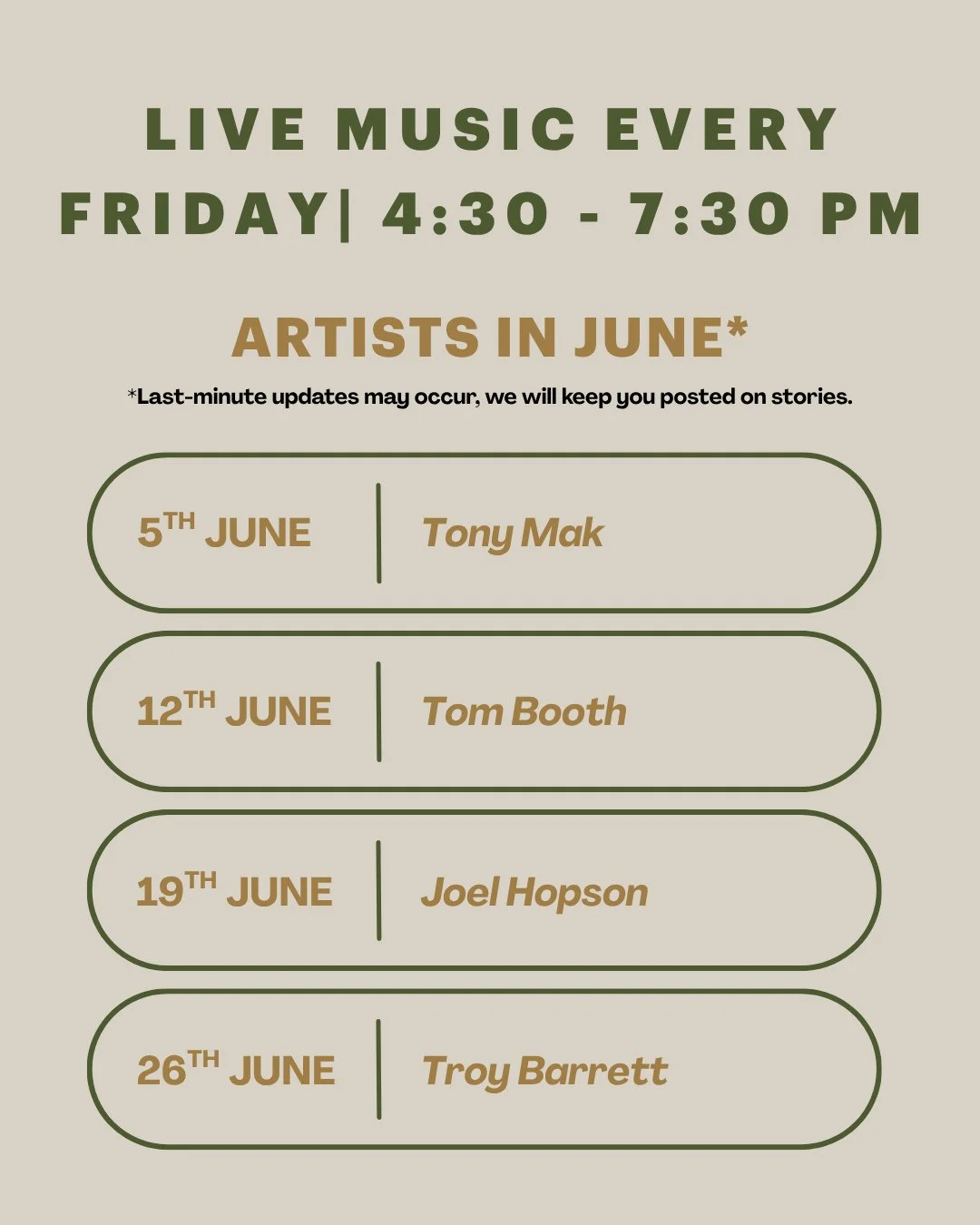 Our live music lineup for the month is here 🎶 ⁠
⁠
Join us every Friday from 4:30 - 7:30 pm at The Deck as talented local artists set the vibe for your evening. Enjoy Happy Hour Monday to Friday from 4 &ndash; 6 pm, plus a selection of shared platter