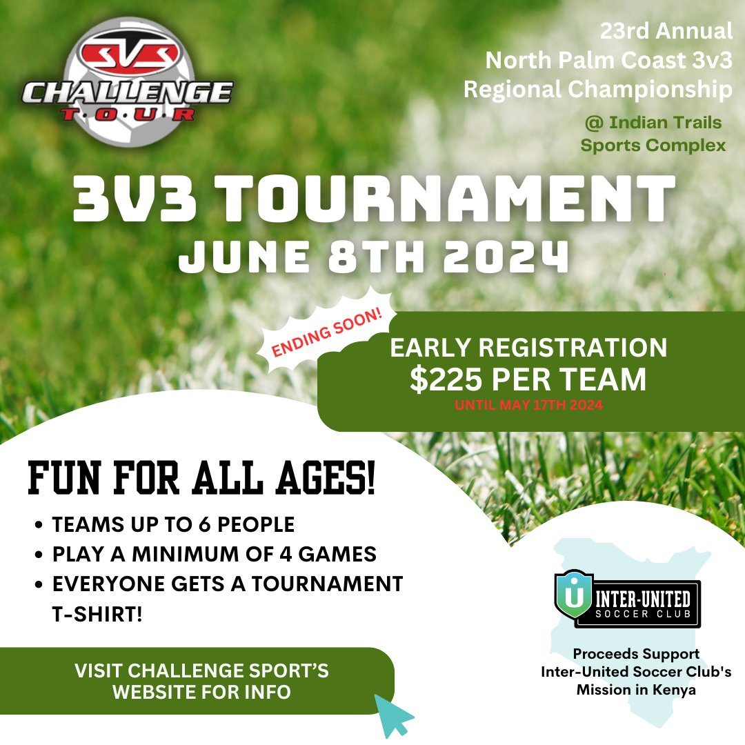 Early Registration is ending soon for Challenge Sport&rsquo;s 23rd Annual North Palm Coast 3V3 Regional Championships. Don't miss out on the early pricing!

The discounted price of $225 is effective until May 17th, 2024.

Register here: http://www.ch