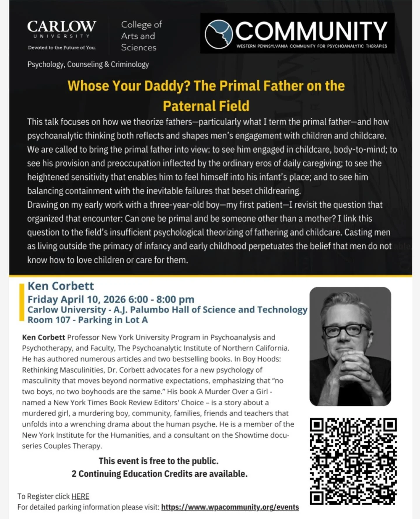 Register for our free speaker series event on April 10th at Carlow featuring Ken Corbett, PhD!
https://www.wpacommunity.org/speaker-series-registration-1