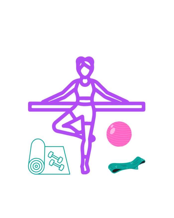 Line drawing of a woman practicing yoga on a chair, with a yoga mat, dumbbells, a pink exercise ball, and a foam roller nearby.