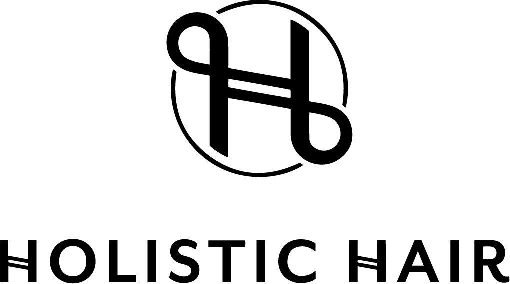 A logo with intertwined black letters 'H' and 'H' inside a circle, with the words 'HOLISTIC HAIR' in bold capital letters below.