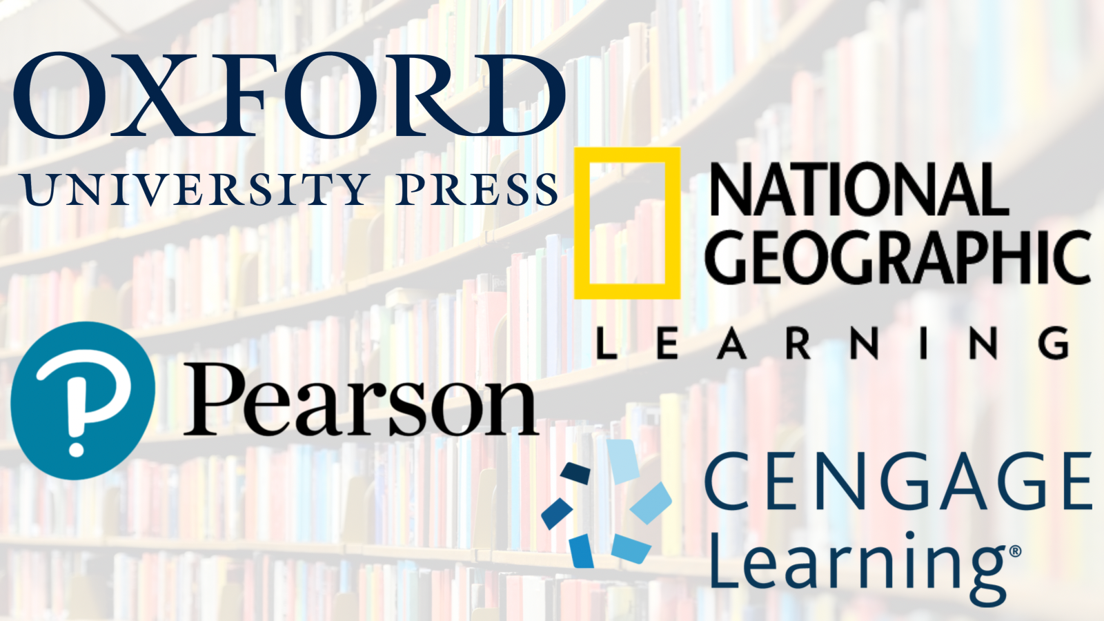 出版社のロゴ:Oxford University Press、National Geographic Learning、Pearson、Cengage Learning。背景にぼやけた本棚がある。