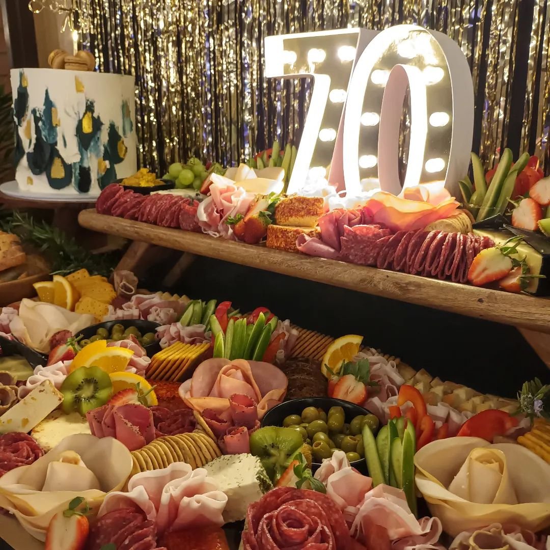 All the favourites for Marty's 70th. Proscuitto, hungarian salami, pastrami and chicken, plus 5 types of cheese, dips, pat&egrave;, fruit and veg.