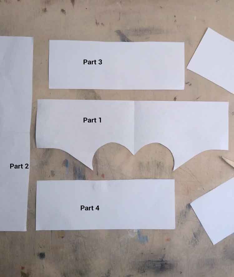 Parts 1 - 5 of headdress template laid on a table
