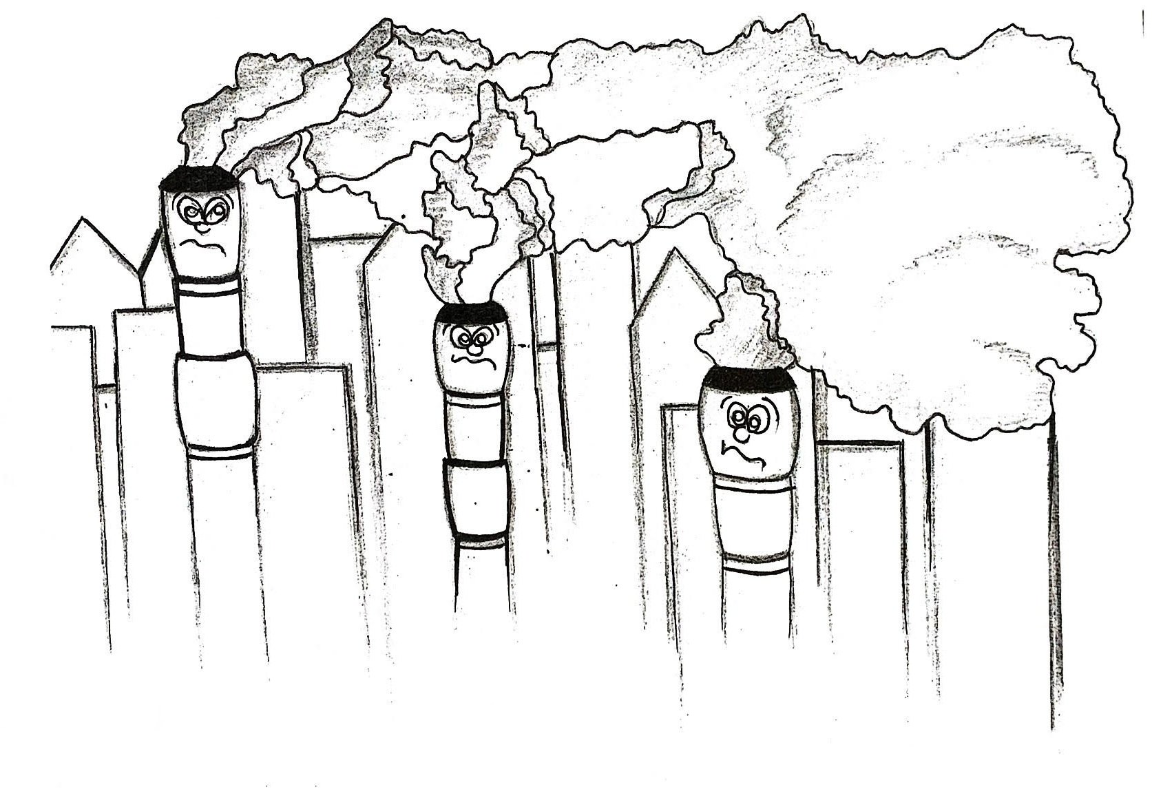 Illustration - Sad faced factory towers blowing out pollution