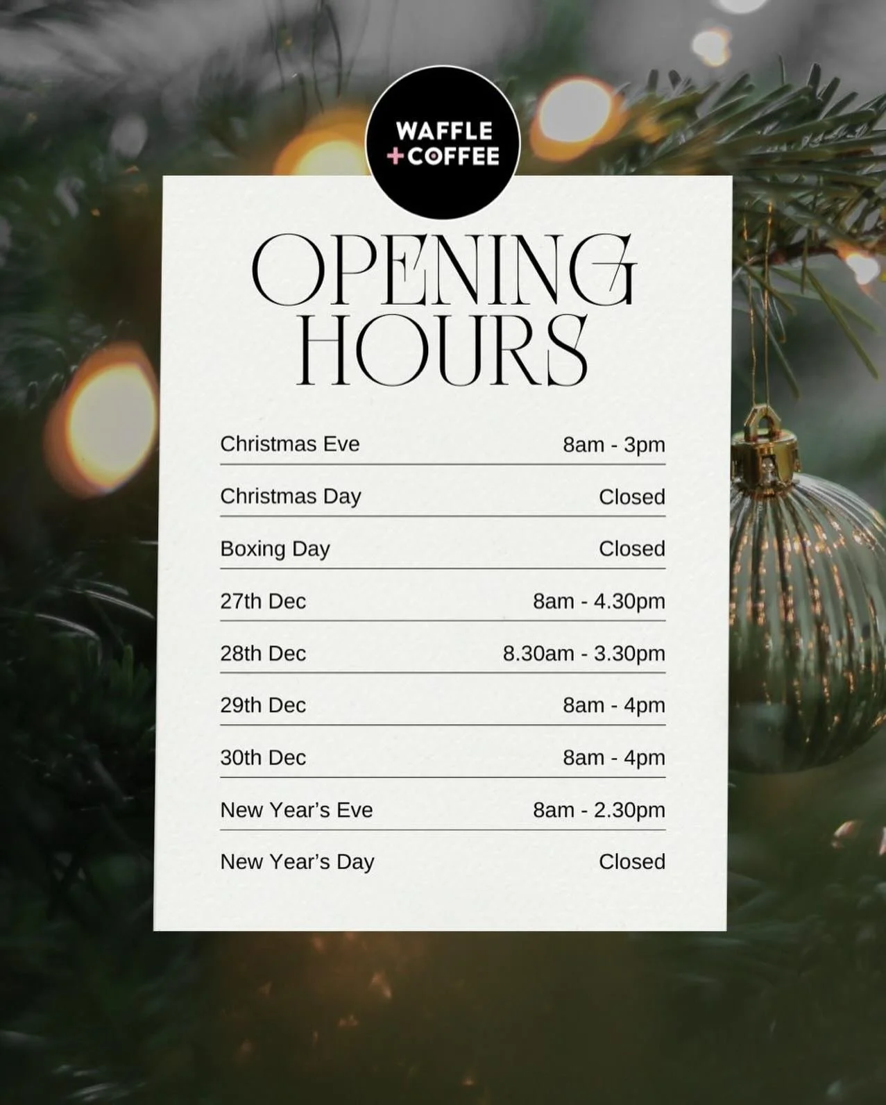 Christmas &amp; New Year opening hours 🎄✨
All our festive opening times are on this post, so please screenshot it for reference.

Just a quick note:
The kitchen will close one hour before the caf&eacute; closing time each day.

Thanks so much and we